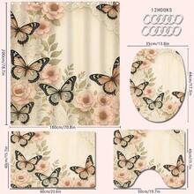 1/4pcs Pink Floral & Butterfly Bathroom Decor Set, Includes Shower Curtain, Bath Mat, U-Shape Toilet Lid Cover, Waterproof, Washable, Modern Style Partition Curtain, No Drilling Required - Multicolor - View 15
