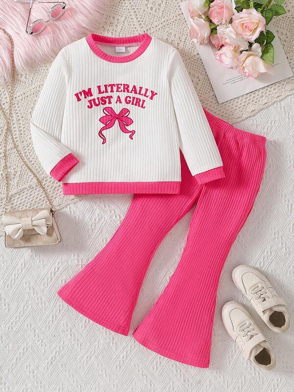 2 Stück/Set Mädchen Rippstoff Sweatshirt Top + Weite Hose Set, Mädchen Frühling/Herbst Langarm Kapuzenpullover + Weite Hose, geeignet für Lässig, Zuhause und Party Tragen