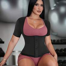 "Women's Zipper Sauna Sweat Short Sleeve Top - Heat-Trapping PU Fabric For Intense Sweating, Slimming Workout Shirt For Gym & Fitness" - 黑銀 - 查看 5