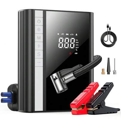 CARSUN Arrancador portátil de coche y bomba de aire 4 en 1 Compresor de aire de 150 PSI Banco de energía Dispositivo de arranque de coche Inflador de neumáticos de automóvil