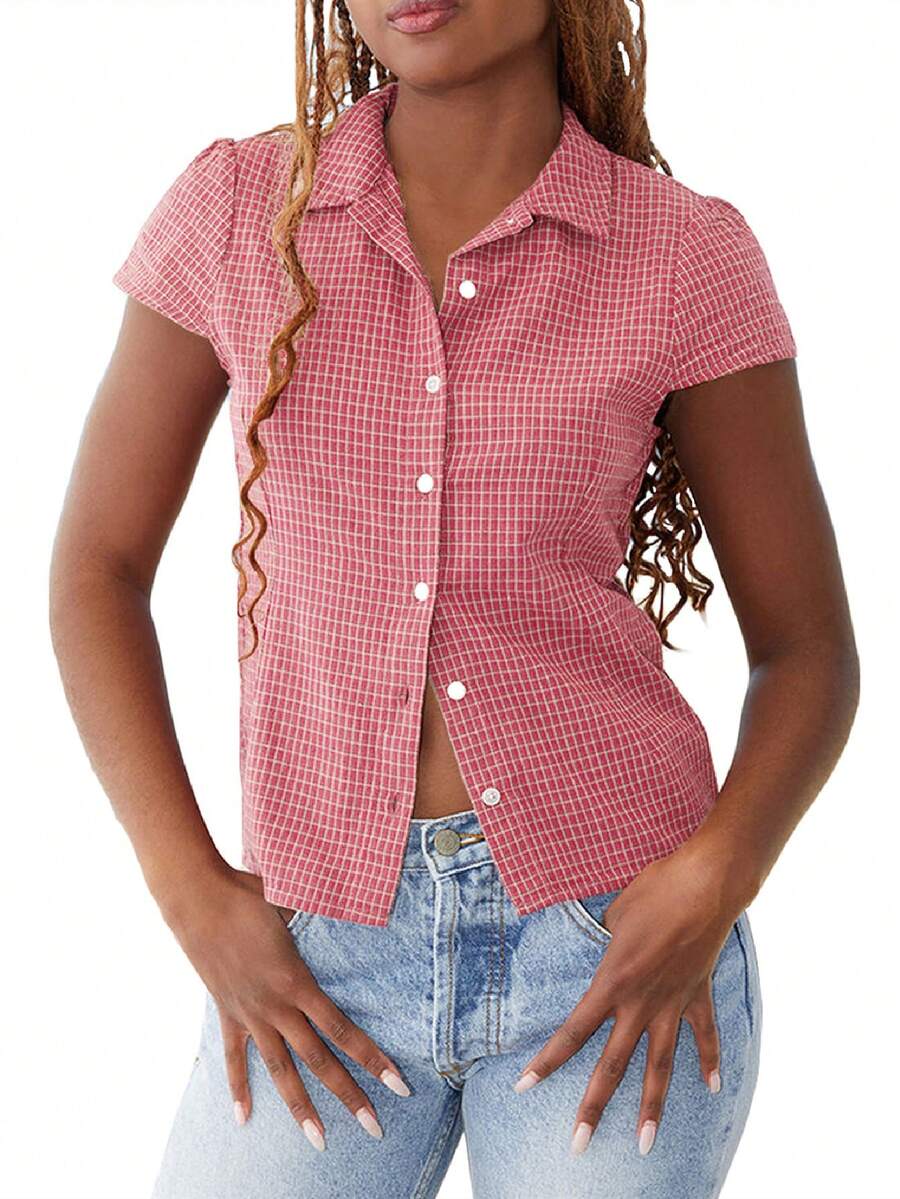 Women Y2k Short Sleeve Button Up Shirt 90s Coquette V Neck Slim Fitted Blouse Casual Preppy Vintage T Shirt Crop Top - Hồng - Xem 1