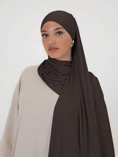 1pc Women's Simple Classic Solid Color Elegant Casual Edged Scarf, Premium Knit Fabric Viscose Jersey Hijabs Scarf, Long Turban Style Headscarf, Suitable For Daily Life, Outings And Gatherings For Dress