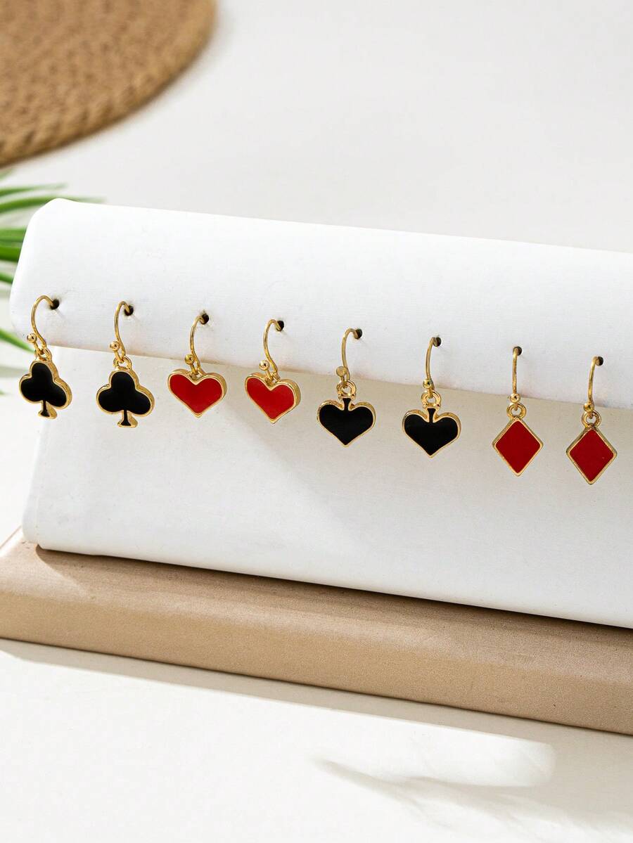 4 Pairs , Fun European & American Style Metal Playing Card, Red Heart, Black Heart Pendant Earrings Set For Women, Suitable For Festivals, Parties, Daily Wear - Multicolor - View 1