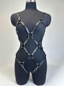 一套女士内衣套装，包括连体衣、皮质胸罩、束缚带、大腿吊袜带、臀部束缚带、私密配饰、万圣节服装 - 黑色 - 查看 13