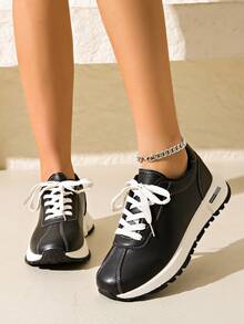 scarpe sportive casual con suola spessa, punta tonda e lacci, comoda e adatta a studenti - nero - Visualizzare 3