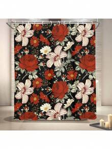 Rèm tắm họa tiết hoa Boho có móc, 66x72 inch, họa tiết hoa cổ điển, nhiều màu sắc, phong cách đồng quê mộc mạc, mùa xuân hè, vải polyester trang trí phòng tắm - Đỏ và Đen - Xem 2