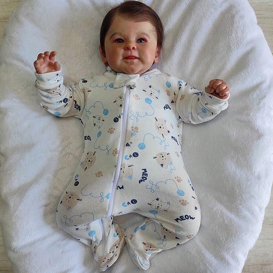 Long Sleeve Romper For Baby Girl Comfortable Pajamas With Zipper In Printed Ribbed Knit - Size RN, S, M And L - Gatito azul - Ver 1