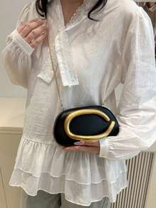 2025新款黑色晚装包，金色不对称手柄链条斜挎包和手拿包二合一，高端派对和约会之夜小钱包 - 黑色 - 查看 5