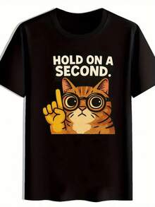 Men'S Funny "Hold On A Second" Cat Graphic T-Shirt - Black Casual Everyday Tee With Orange Tabby - Soft Stretch Fabric For Everyday & Formal Outfits - Ideal Gift For Cat Lovers - All-Season Comfort Fit, Cat Tshirt, Playful Design, Comfortable Fit, Medium Elasticity, Streetwear Style,  Tee, Breathable Material, Short Sleeve Shirt, Young Adults - 黑色 - 查看 1