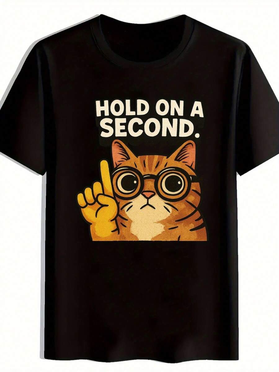 Men'S Funny "Hold On A Second" Cat Graphic T-Shirt - Black Casual Everyday Tee With Orange Tabby - Soft Stretch Fabric For Everyday & Formal Outfits - Ideal Gift For Cat Lovers - All-Season Comfort Fit, Cat Tshirt, Playful Design, Comfortable Fit, Medium Elasticity, Streetwear Style,  Tee, Breathable Material, Short Sleeve Shirt, Young Adults - 黑色 - 查看 1