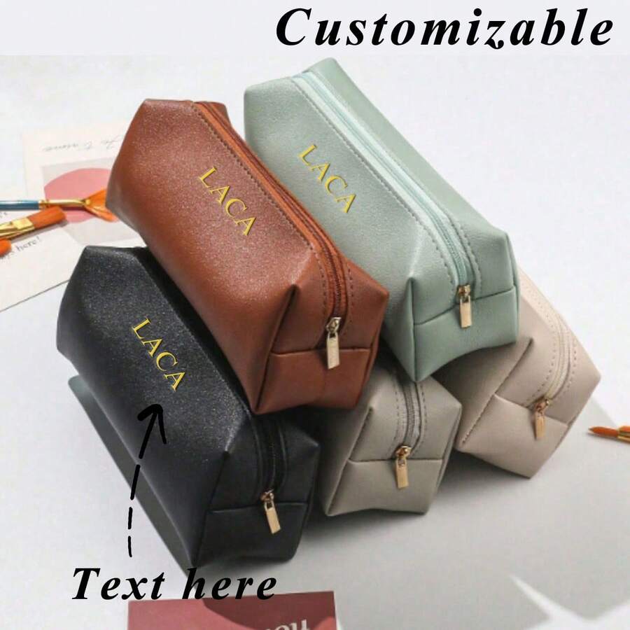 Customized Letters 1pc PU Leather Business Office Pencil Case Box Simple Student Zipper Pen Holder Engrave Initials Make Up Brushes Organizer Cosmetic Storage Bag For Gift,Bags & Luggage,2025 Halloween Accessories,Large Capacity - Black - View 1