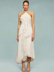 Women Ruffle Hem Pleated Sheer Mesh Long Maxi Dress Sleeveless Halter Neck Irregular Tiered Flowy Long Maxi Dresses For Wedding Guest Summer Holiday Beachwear - 米色 - 查看 2
