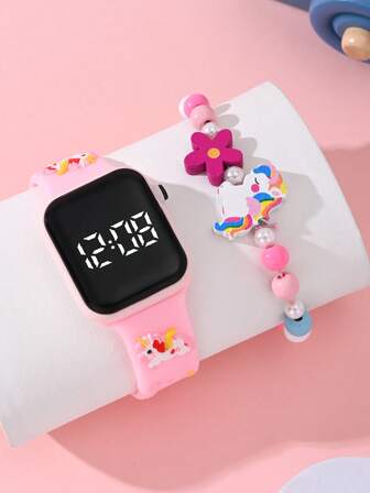 2 Pieces Of Girl Unicorn Butterfly Mermaid Fashionable And Versatile Children's Watches. Suitable For Students' Fashionable School Supplies. LED Square-Shaped, Affordable Return-To-School Season Watches. Bracelet Digital Electronic Watch & Beaded Unicorn Butterfly Mermaid Bracelet.