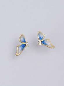 1 Pair 925 Silver Crafted Enamel Butterfly Wing Stud Earrings, Elegant Minimalist Style, Versatile, Suitable As Holiday Gift, Korean Style For Women