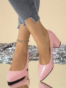 女士极简主义大码尖头漆皮高跟鞋，流畅的设计，简约优雅，时尚百搭，2025 年秋季新品；适合通勤、购物、约会；女士一脚蹬高跟鞋 - 粉色 - 查看 5