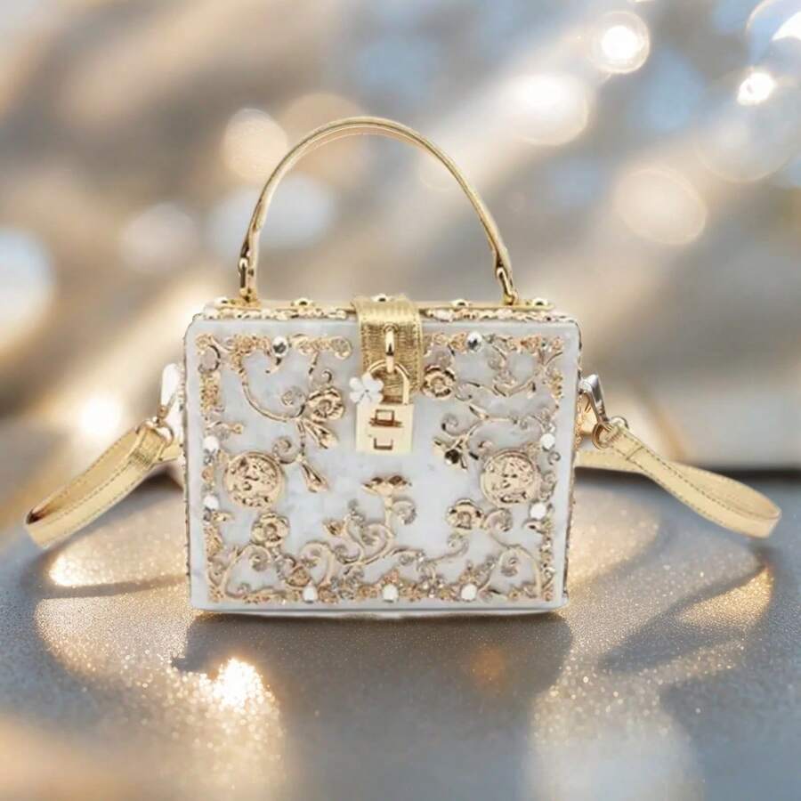 Formal Evening Clutch Acrylic Square Box Bag With Rhinestones Shoulder Bag Crossbody Bag Purse - 白色 - 查看 1