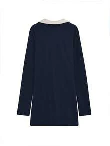 女士撞色领修身休闲连衣裙，春夏优雅款 - 藏蓝色 - 查看 2