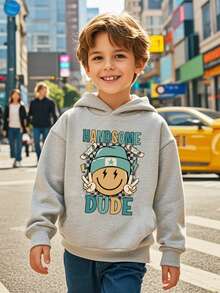 1 Stück kleine Jungen Lässig Sweatshirt, inspirierender lächelnder Gesichts- & Skateboard-Muster, thermisch gefüttert, Langarm, Herbst/Winter - Grau - Übersicht 5