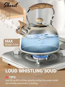 shoxil 1pc 2L Stainless Steel Whistling Kettle, Stainless Steel Tea Pot, Large Capacity Milk Tea Pot With Wooden Grain Handle, Fast Heating, Suitable For Induction Cooktop, Electric Stove And Gas Stove, Auto Whistle Coffee Pot, Home Kitchen - Teapot - View 4