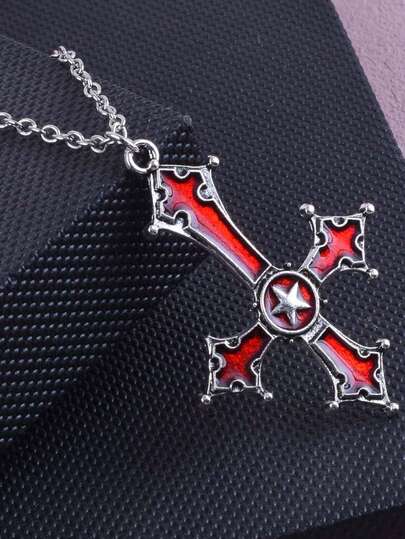 1 Stück Gothic Punk Stil Blutrot Kreuz Anhänger Halskette, vielseitiges Accessoire geeignet für Herren, Partytragen, Halloween Geschenk