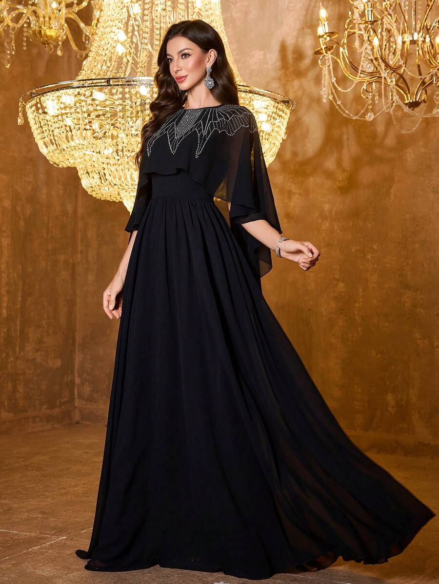 SUPGIR Damen Rundhals Fledermausärmel handgefertigtes Strass plissiertes Chiffon Abendkleid - Schwarz - Übersicht 1