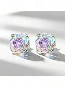 Silver Rose-Cut CZ Earrings - Women's  Sparkling Rainbow Hue Fine Jewelry, Dainty Shiny Accessories For Daily & Gifting