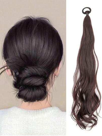 Synthetic Hair Extension Wrap Around Ponytail Bun Hairpiece Messy Curly Elastic Hair Tie Bowknot Bun And Updo Hair Extensions Suitable For Women's Everyday Wear - Brown-Black