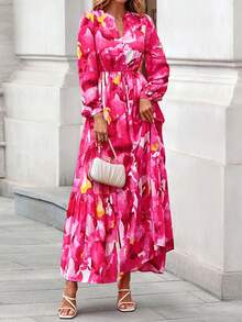 Women Fall Boho Maxi Dress Floral Long Sleeve V Neck Button Pockets Flowy Long Dress Autumn Winter Holiday Vacation Wedding Dresses Outfits - Màu nước hồng hồng - Xem 3