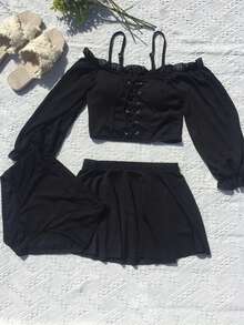 Angel Luna Women's 3-Piece Tankini Swimsuit Set: Flattering Long Sleeves, Off-The-Shoulder Bikini, Ruffles, Lace-Up Ribbon, And Flared Skirt. High-Waisted, Separate, Solid Color. Enhances Small Bust, Shows Off Upper Arms, Stomach, Thighs, And Buttocks. Modestly Exposed. Stylish, Sexy, And Cute For Night Pool Wear. - Black - View 2