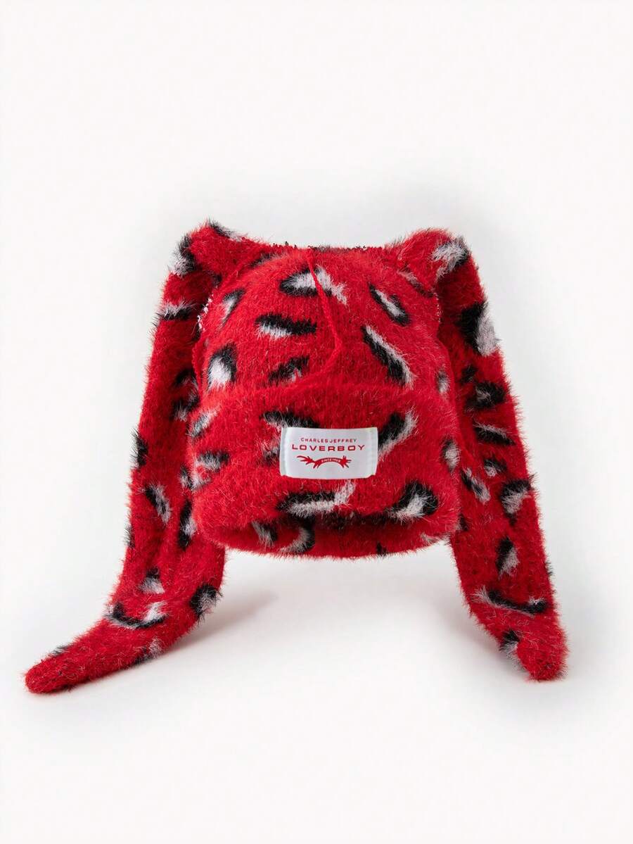 1pc Men's Fashion Leopard Print Faux Fur Lop-Eared Rabbit Letter Patch Knit Beanie Hat, Suitable For Autumn/Winter Daily Wear And Outdoor Activities - A - View 1