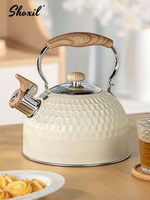 shoxil 1pc 2L Stainless Steel Whistling Kettle, Stainless Steel Tea Pot, Large Capacity Milk Tea Pot With Wooden Grain Handle, Fast Heating, Suitable For Induction Cooktop, Electric Stove And Gas Stove, Auto Whistle Coffee Pot, Home Kitchen - Teapot - View 1