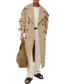 Womens Oversized Double Breasted Trench Coat Long Lapel Belted Windproof Overcoat - 卡其色 - 查看 1