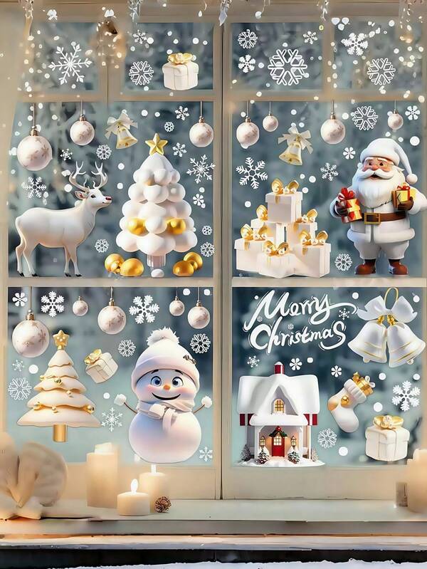 113 Stücke/Set 3D Weihnachts Statische Klebefolie Fenster Aufkleber, enthält 2 doppelseitige Weihnachts Aufkleber, weiße Schneeflocken Statische Klebefolie Glas Aufkleber, wiederverwendbare Weihnachtsmann, Schneemann, Schneeflocke, Rentier Dekorative Aufkleber, geeignet für Zuhause, Schaufenster, Feiertags Party Dekoration, einfach anzubringen und zu entfernen, Fensteraufkleber mit doppelseitigen Weihnachts Aufklebern