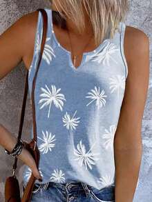 女式夏季时尚百搭度假风棕榈树印花吊带背心
