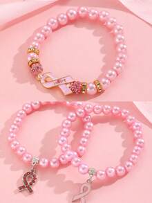 Elegant Ribbon Pendant Beaded Bracelet, Fashionable Women's Jewelry Accessories, Breast Cancer Awareness And Memorial Gift - Multicolor - View 18