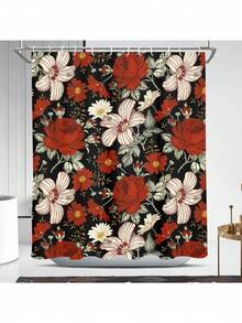 Rèm tắm họa tiết hoa Boho có móc, 66x72 inch, họa tiết hoa cổ điển, nhiều màu sắc, phong cách đồng quê mộc mạc, mùa xuân hè, vải polyester trang trí phòng tắm - Đỏ và Đen - Xem 3