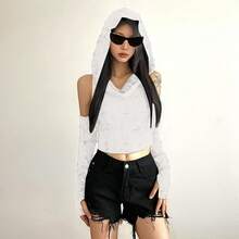 Women's Ripped Hoodie Sweater Vest Hollow Out Hooded Crop Top Knit Pullover Streetwear With Oversleeve - 白色 - 查看 3