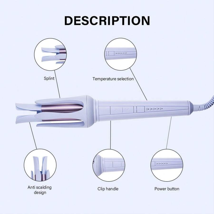 Ferro de Ondular Automático com 3 Configurações de Calor, Rotação de 360°, Adequado para Penteados: Ondas Pequenas, Ondas Grandes, Volume