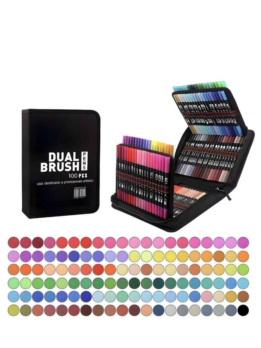 100 Dual Brush Marker Pens Kit, 100 Color Art Marker Set With Fine And Brush Tip Markers For Coloring Books. - 100 màu/bộ - Xem 1