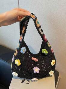 Vintage Hollow Floral Contrast Color Casual Crossbody Bag (Flower Color Position Random) - Multicolor - View 9