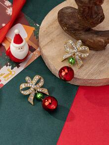 1 Pair Elegant Christmas Earrings, Ribbon Bow Design Zinc Alloy With Glass Rhinestone And Colorful Beads, Suitable For Women To Celebrate Christmas, New Year Party And Festival