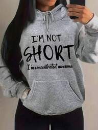 2025 Women's 'I'm Not Short, I'm Focused And Awesome' Slogan Fleece-Lined Hoodie - Mixed Gray Long-Sleeve Pullover With Pockets, Machine Washable, Warm Winter Casual Wear, Comfortable Indoor Wear, Drawstring Design, Cozy Daily Outfit Soft And Breathable