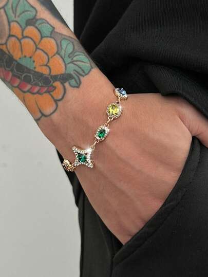 Vintage Elegant Minimalist Multi-Color Crystal Chain Bracelet, Men's Fashion Casual Charming Jewelry, Everyday Party Accessory