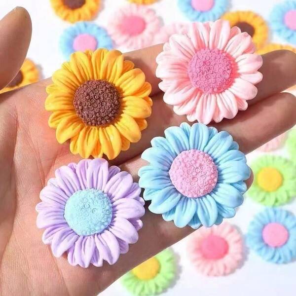 5pcs/20pcs Sunflower & Daisy Colorful Floral 3D Resin Stickers, Resin Crafts DIY, Christmas, Party, Small Gifts, Decorative Accessories, Wholesale - Hair Scrunchies/Fridge Magnets/Hair Clips/Phone Case Decor/Pet Collars/ Charms