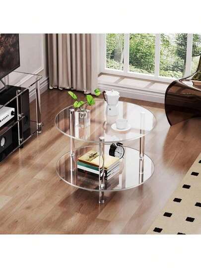 1pc Round Acrylic Table, Double-Layer Round Edge Table, Lightweight And Detachable, Suitable For Living Room, Office Reception, Apartment, And Outdoor Party
