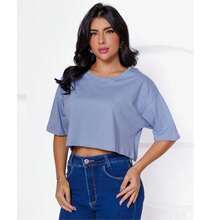 Women's Basic Cropped T-Shirt In Plain Cotton Knit - Plateado - Ver 2
