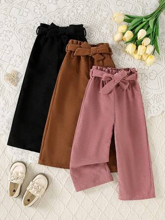 Young Girls' Corduroy Flared Pants, Detachable Bow Waist Belt Design, Pleated Waist, Fashionable Retro Style, Autumn/Winter Children Trousers Set