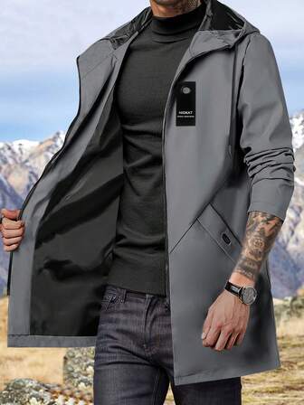 男士中长款轻薄防风夹克，带帽抽绳，纯色，适合休闲外出、日常穿着、运动、徒步旅行、男友旅行、露营、秋季服装