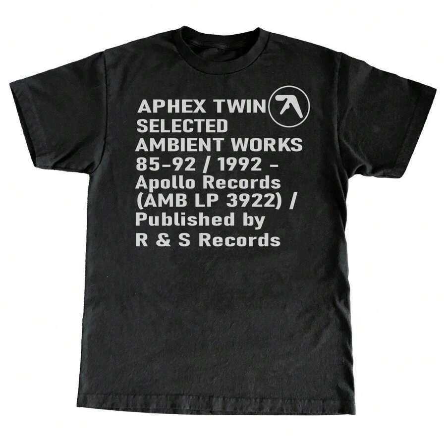 Men's Aphex Twin "Selected Ambient Works" Graphic Tee - Black Cotton Crewneck T-Shirt With Apollo Records & R&S Records Design, Casual Short Sleeve Shirt For Fans, Allseason Tshirt | Bold Text Graphic | Durable Cotton Top Men's Summer Round Neck Short Sleeved Casual Cotton Print A Surprise Gift For Family And Friends - màu đen - Xem 1
