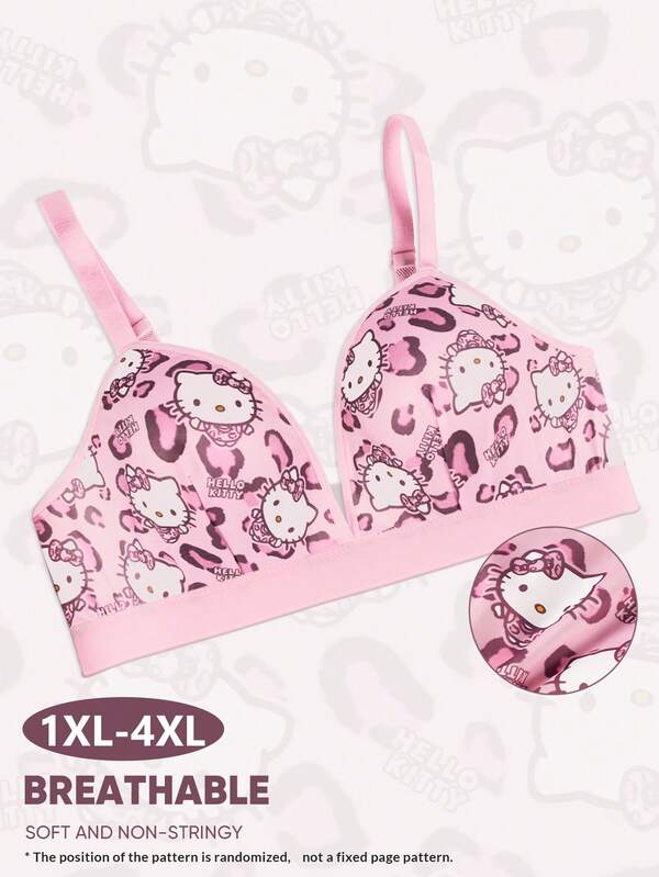 Sanrio Plus Size Women's Fashionable Kitty Print Lightweight & Comfortable Daily Bra, Pink